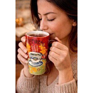 Espresso Hand Painted Floral Cafe Art Tumbler Mug Warm Cottage Kitchen Decor Red